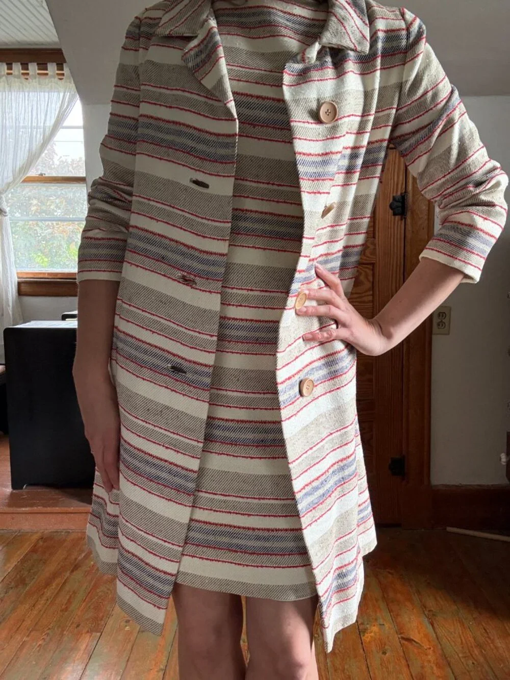 Vintage 70s Cream Stripe Dress + Coat Set | Matching Ensemble